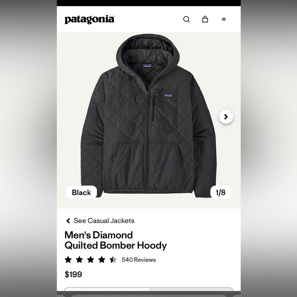 Patagonia Men’s Diamond Quilted Bomber Hoody NWOT - Picture 2 of 5